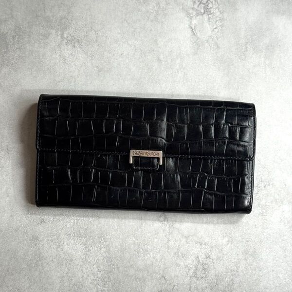 YVES SAINT LAURENT イヴサンローラン / エンボスクロコダイルロングウォレット 長財布 クロコ型押し ブラック