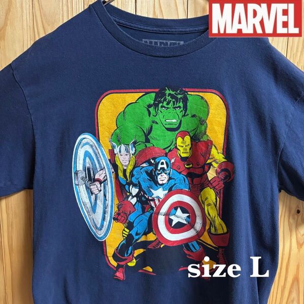 【古着】MARVEL(マーベル)半袖Tシャツ L ネイビー USA製 プリント アメリカ古着 アメコミ ビンテージ