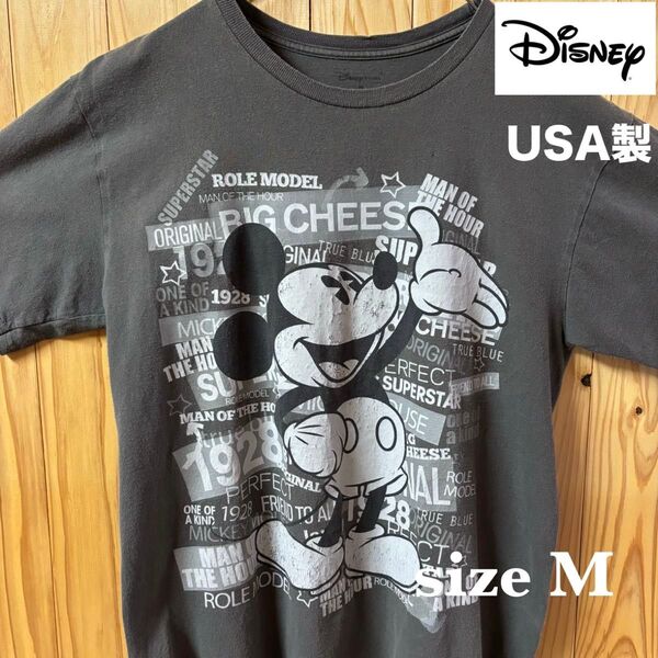 【古着】Disney(ディズニー)半袖Tシャツ M グレー USA製 ミッキー ヴィンテージ 00's アメリカ古着
