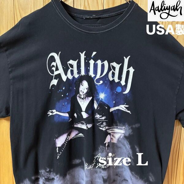 【古着】Aaliyah(アリーヤ)半袖Tシャツ L 黒 USA製 HIPHOP バンドTシャツ ビンテージ R&B ロックT