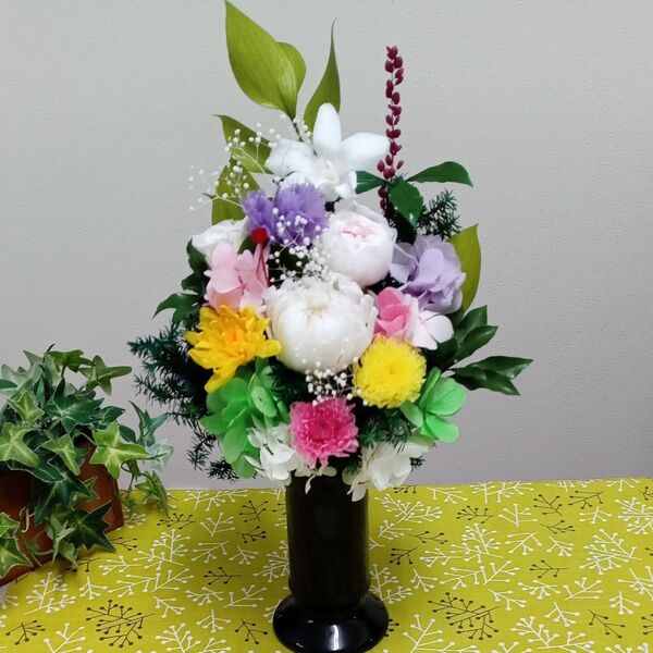 プリザーブドフラワー 仏花 単品 高さ31cm お盆お供え花 お仏壇用 花器付き