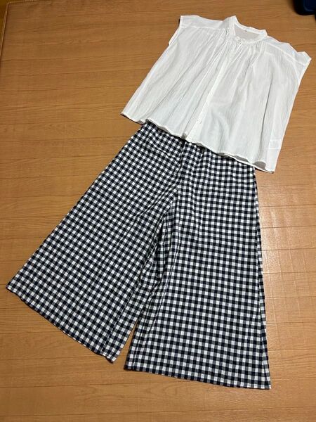 バンドカラーブラウス&ギンガムチェックワイドパンツ セットアップ