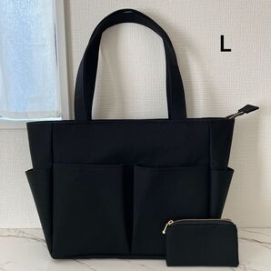 帆布 黒 ポケットいっぱいトートバッグL&ミニポーチ ハンドメイド