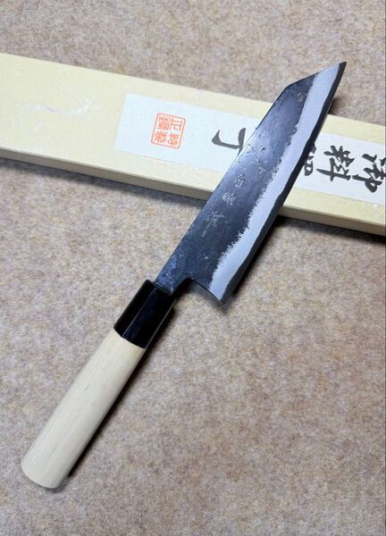 堺白鶴作 文化 包丁 黒打 青鋼 水牛角柄 16.5cm