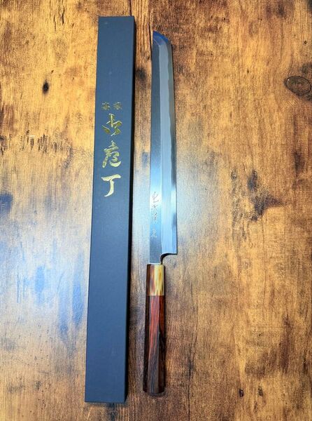 森本光一作 蛸引 先丸 青二鋼 紋鍛錬 尺 紫檀白水牛八角柄