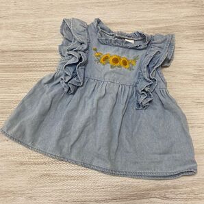 futa futa【95cm】ベビー デニムフリル袖シャツ(ひまわり刺繍)