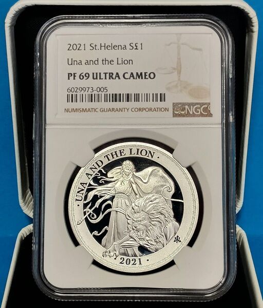 2021 イギリス領セントヘレナ ウナとライオン 1オンス 1ポンド プルーフ銀貨 NGC PF69UC エリザベス女王