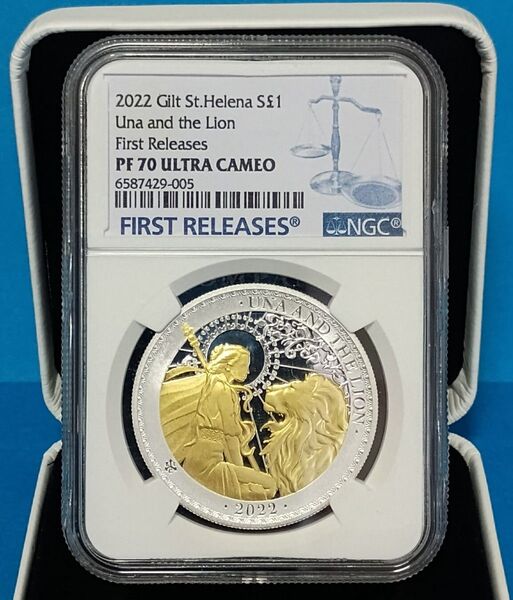 2022 イギリス領セントヘレナ ウナとライオン 1オンス 1ポンド ゴールドプレート プルーフ銀貨 NGC PF70UCFR