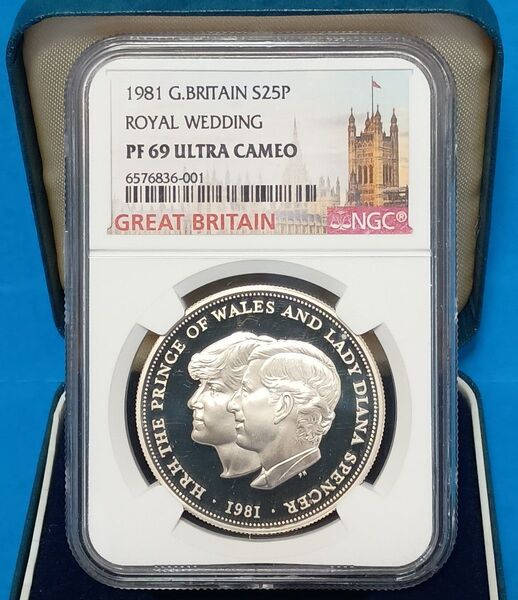 1981 イギリス チャールズ皇太子 ダイアナ妃 御成婚記念 25ペンス プルーフ銀貨 NGC PF69UC エリザベス女王