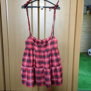 チェック柄キャミ、紐調節でスカートにも レッド