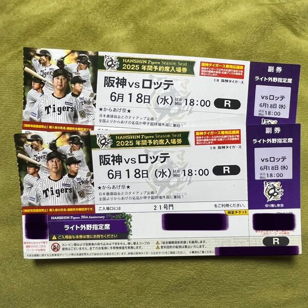 6/18(水)18時〜 阪神vsロッテ 交流戦 阪神甲子園球場 Rスタンド ペアチケット