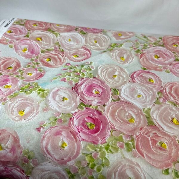 USAシーチング綿100%生地幅110cm×100cm.油絵風プリント.ピンク薔薇.9866