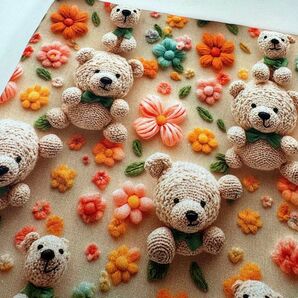 USAシーチング綿100%生地幅110cm×100cm.刺繍風プリント、熊と花0732