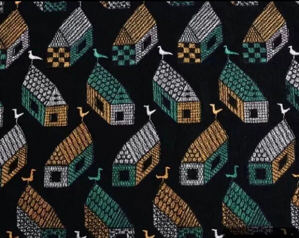 刺繍生地.中厚.リネン幅135cm×50cm.黒地、建物