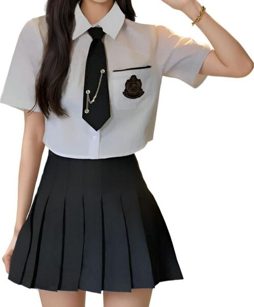 コスプレ 【XXL】学生服 白/黒 半袖シャツ プリーツスカート 制服