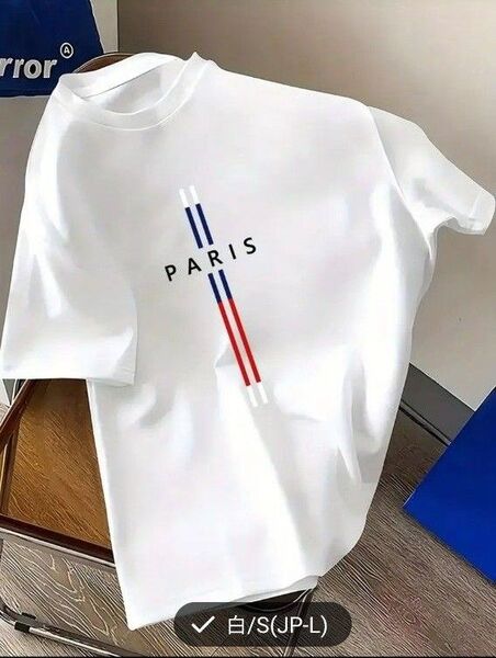 【新品】PARIS ロゴ メンズ半袖Tシャツ ホワイト Lサイズ コットン100%