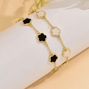 フラワーブレスレット2個 白黒ゴールド お花 ブランドライク 結婚式 ジュエリー ブラックホワイトチェーン 夏 ヴィンテージ調