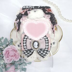 〇 いつぬい ぬい服 〇 ヘッドドレス リボン 千鳥柄 ブラック×ピンク
