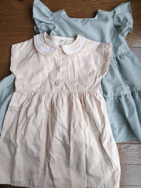 120 ワンピース 女の子 半袖 トップス チュニック まとめ売り キッズ セーラー フリフリ 緑 グリーン カットソー ベージュ