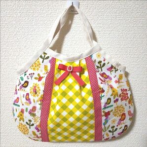 ハンドメイド グラニーバッグ 鳥柄 ギンガムチェック リボン ハンドメイド 丸ころバック