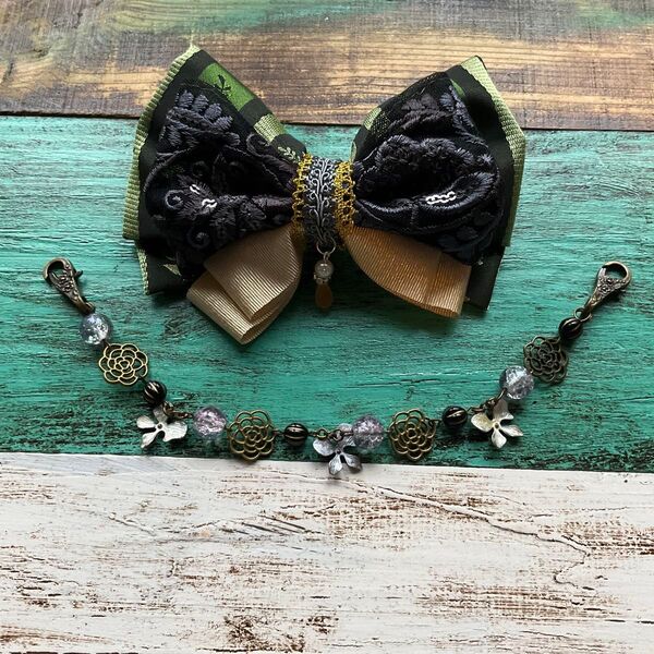 ハンドメイド 羽織紐 リボンバレッタセット ブレスレット ショール留 帯飾りにも インド刺繍リボン 和装小物 髪飾り