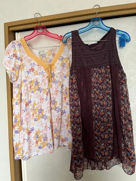 トップス 花柄 ノースリーブ 袖なし 2点セット チュニック