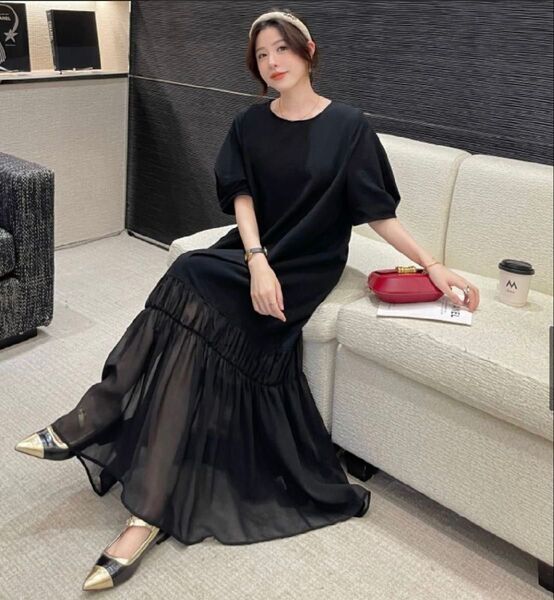 ブラック ワンピース ロング丈ドレス ドッキングワンピース シースルー マキシ丈 ティアードワンピース 切り替え ふわん袖 黒