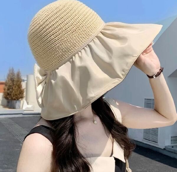 麦わら帽子 帽子 ベージュ UVカット ハット リボン ナチュラル つば広 シェルハット 折りたたみ 紫外線対策 日焼け