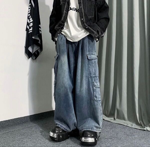 パンツ ジーパン ワイドパンツ おしゃれ カジュアル ゆったり ジーンズ デニム ユニセックス サイドポケット ストリート