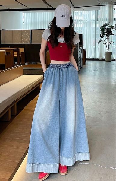 デニム ワイドパンツ ライトブルーフレア スカーチョ ガウチョ スカンツ 美脚