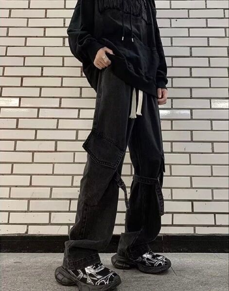 カーゴパンツ ブラック デニム ストリート ワイド サイドポケット ベルト ワークパンツ