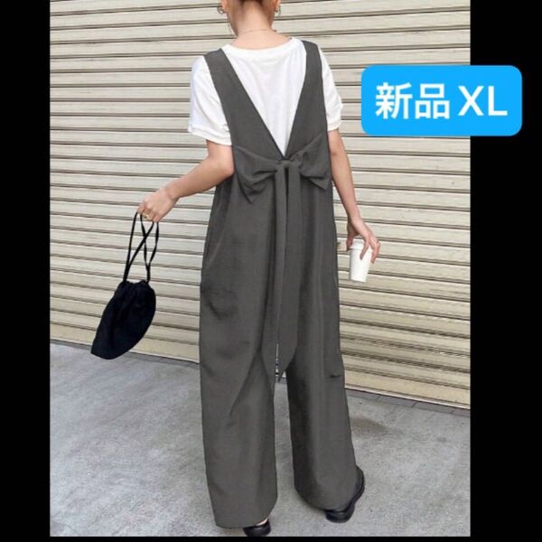 新品 レディース サロペット XL ゆったり バックリボン 韓国風 薄手 グレー