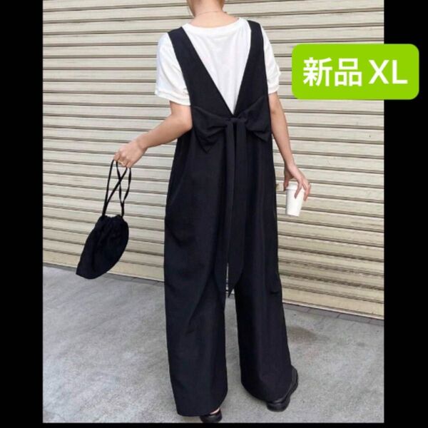 新品 レディース サロペット XL ゆったり バックリボン 韓国風 薄手 ブラック 黒