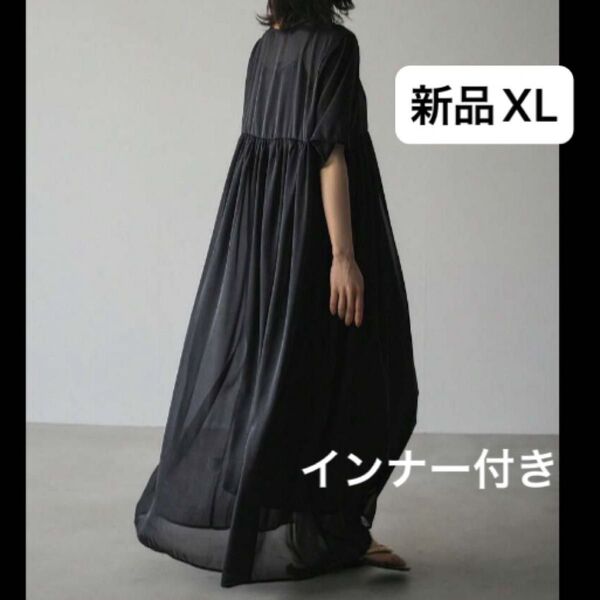 新品 レディース 半袖 ロングワンピース マキシ 薄手 ブラック XL LL 韓国風 シアー×キャミワンピース ゆったり