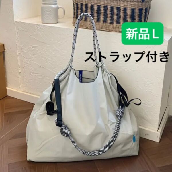 新品 レディース ボールアンドチェーン エコバッグ L ブルーボトルコーヒー 刺繍 ベージュ ストラップ付き