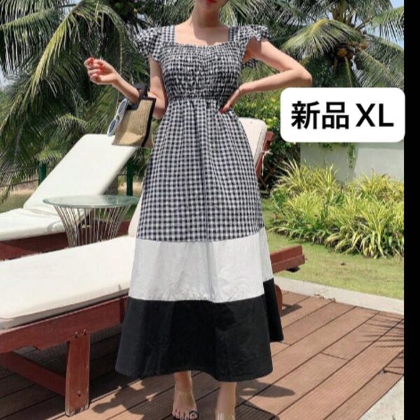 新品 レディース 半袖 ロングワンピース ブラック×ホワイト ギンガムチェック XL ゆったり