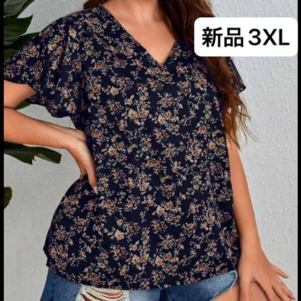 新品 レディース 半袖シャツ ネイビー 小花柄 ボタニカル 3XL 4L 薄手 Vネック ゆったり 大きいサイズ