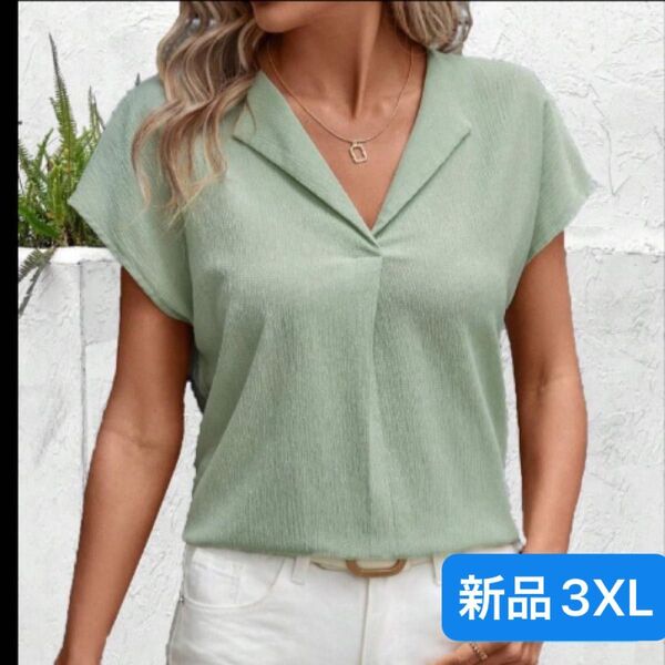 新品 レディース 半袖シャツ 3XL ゆったり 大きいサイズ 韓国風 薄手 ライトグリーン Vネック 4L