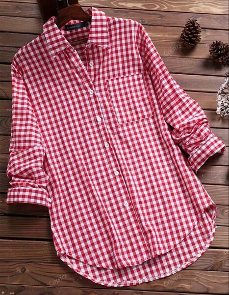 【輸入品】ギンガムチェックシャツ レッド 長袖 ブラウス
