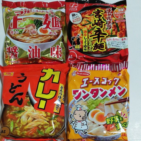 袋麺 4袋セット マルちゃん カレーうどん 正麺 エースコック ワンタンメン 明星 宮崎辛麺 非常食 袋麺ラーメンセット