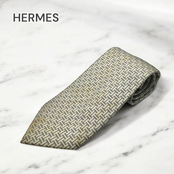 HERMES 幾何学模様 シルクネクタイ グレー系989961
