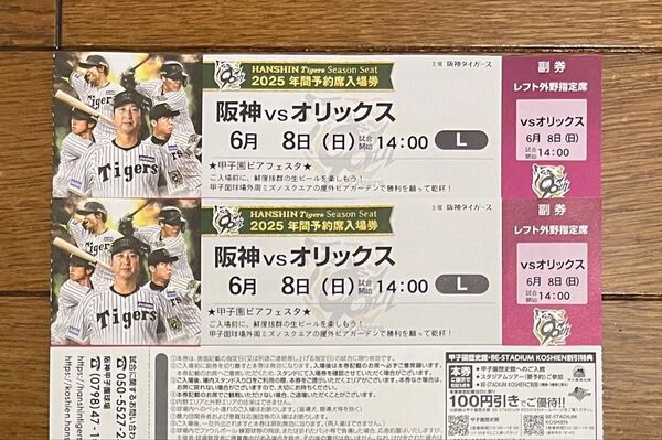 6月8日(日)阪神vsオリックス デイゲーム レフト外野ペア FC応援デー 中止補償あり