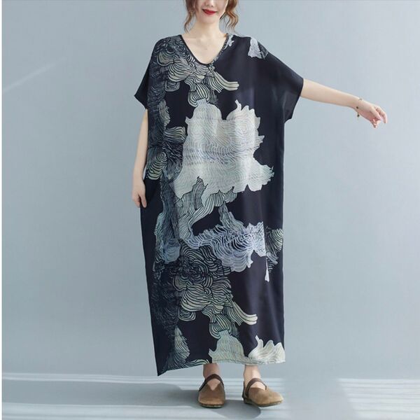 ☆レディース ロングワンピース 大きいサイズ 和柄 着物風 体型カバー