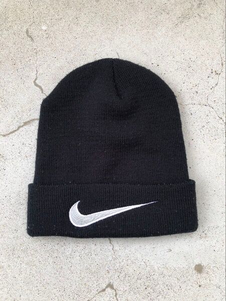 90's ナイキ NIKE 白タグ ニット帽 ビーニー ニットキャップ ブラック 帽子 黒 archive 古着 y2k スポーツ