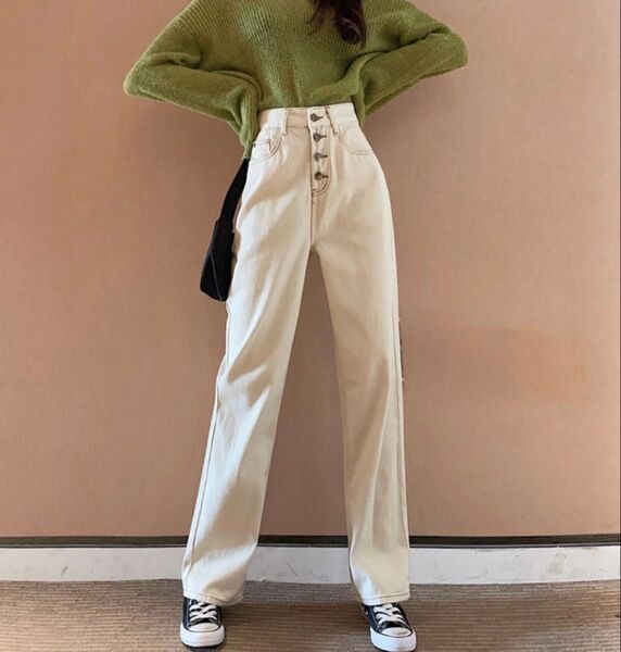 ハイウエストボタンデザイン ストレート デニムパンツ Mサイズ ホワイト