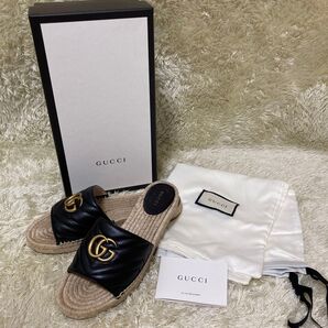 極美品 GUCCI グッチ ブラック 黒 レザー サンダル GG 金具 24.5cm 箱 袋 カード付