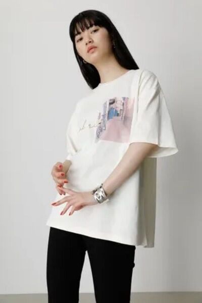 AZUL by MOUSSY BIG フォト Tシャツ アイボリー コットン