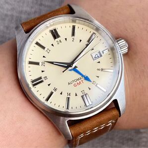 新品 MOD ノーロゴ GMT レザーベルト NH34 クリーム 腕時計 機械式