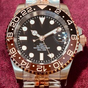 ロゴ付き新品 ノーロゴ GMT MOD NH34 腕時計 機械式 オマージュ ジュビリー カフェオレ
