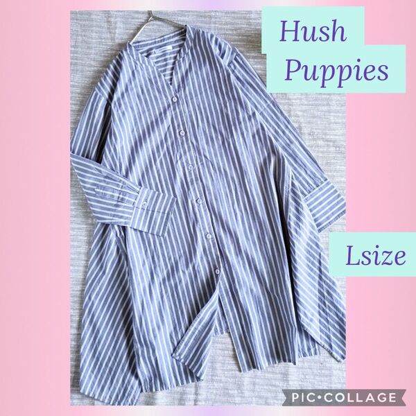 美品★Hush Puppies ストライプ シャツワンピース Lサイズ アシメントリー ネイビー×白 涼しげ 羽織り